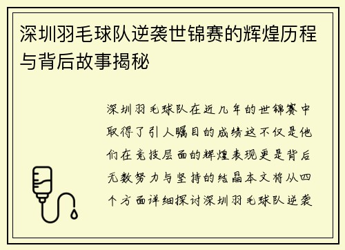 深圳羽毛球队逆袭世锦赛的辉煌历程与背后故事揭秘